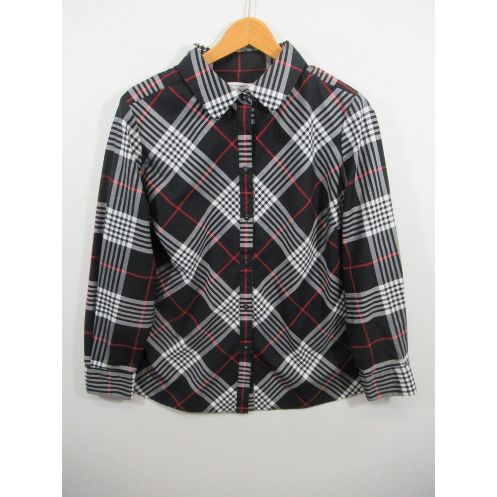 Foxcroft Plaid Button Up Shirt Women 14W Wrinkle Free Long Sleeve Shaped Fit